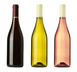 Bottles with different wines isolated on white, set