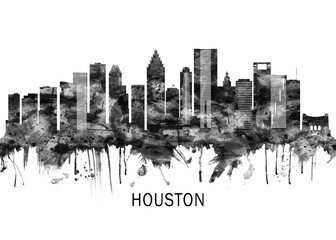 Houston Texas Skyline BW, city landscape banner district business print painting watercolor