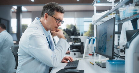 Adult Scientist Working on Computer, Analyzing DNA Results. Team of Diverse Male and Female Medical Research Scientists Work on a New Generation Medical Products in a Modern Laboratory
