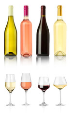 Bottles and glasses with different wines isolated on white, set