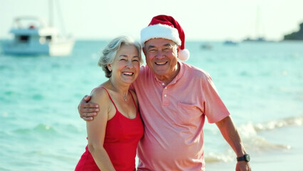 elderly gray-haired man in a red t-shirt and santa hat hugging an enthusiastic elderly gray-haired woman in a red swimsuit on the seashore, christmas vacation concept