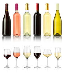 Bottles and glasses with different wines isolated on white, set
