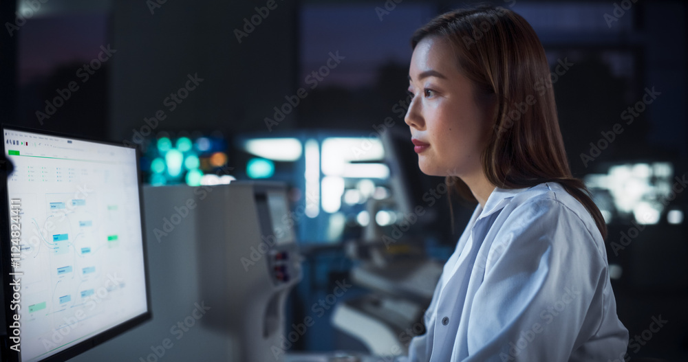 Poster Asian Female Scientist Working on a Computer in the Evening. Specialist Using a Gene Sequencing Software. Advanced Biotechnology Lab in a Medical Research and Development Center