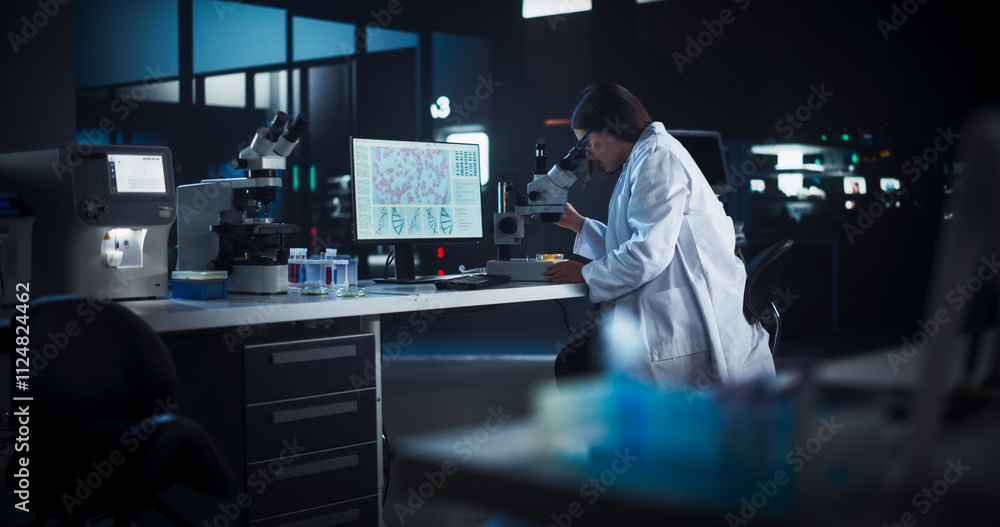 Poster Genetic Research Scientist Using Microscope in an Applied Science Laboratory in the Evening. Portrait of a Beautiful Female Lab Engineer in White Coat Developing New Medical Products