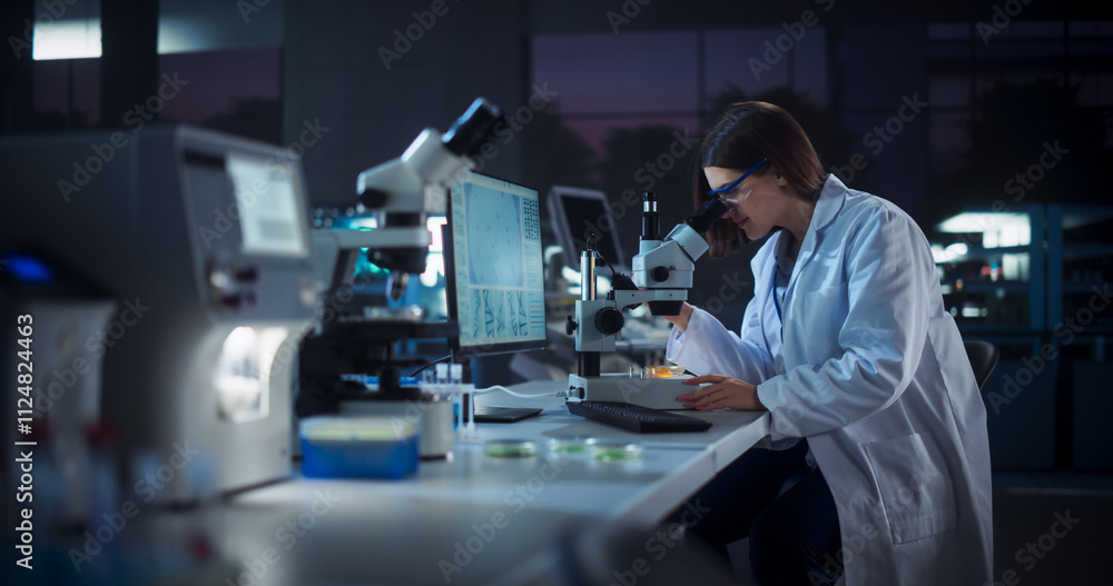 Poster Caucasian Female Scientist Working on a Computer in the Evening. Specialist Using a Gene Sequencing Software. Advanced Biotechnology Lab in a Medical Research and Development Center