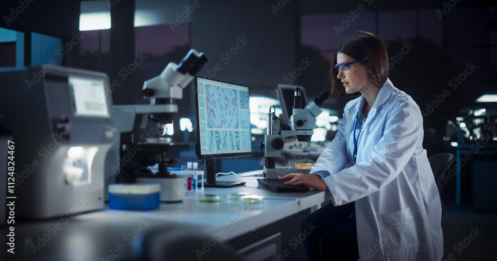 Poster medical research and development laboratory: dedicated caucasian female scientist working on a compu