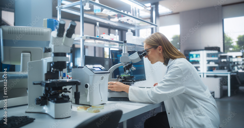 Poster Medical Science Laboratory: Female Microbiologist in Glasses Looking Through the Microscope, Analyzing Sample Cells and Writing Down Results on a Computer. Skillful Scientist Working in a Lab