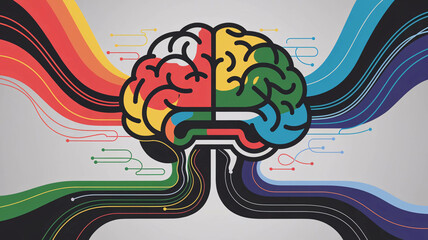 Illustration of the brain, full color lines, data flow, abstract notion of intellect and creativity, light background, dynamic and contemporary graphic depiction of ideas and thoughts 
