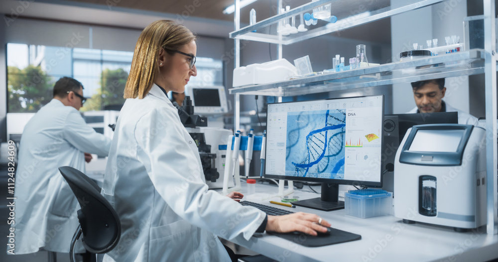 Poster Caucasian Female Scientist Working on a Desktop Computer, Analyzing DNA Samples. Specialist Using a Gene Sequencing Software. Advanced Biotechnology Lab in a Medical Research and Development Center