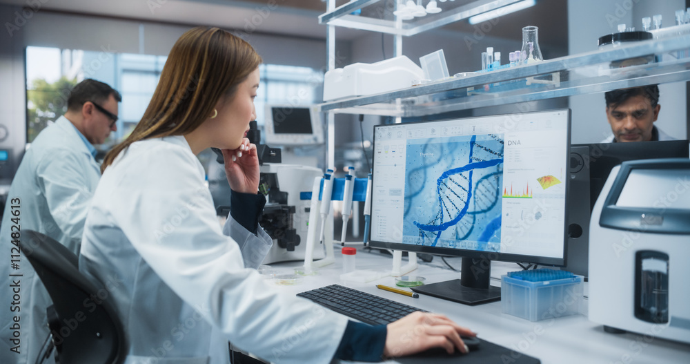 Poster Medical Research and Development Laboratory: Beautiful Asian Female Scientist Working on a Computer with Advanced DNA Diagnostic Software on Display. Modern Genetic Engineering Lab