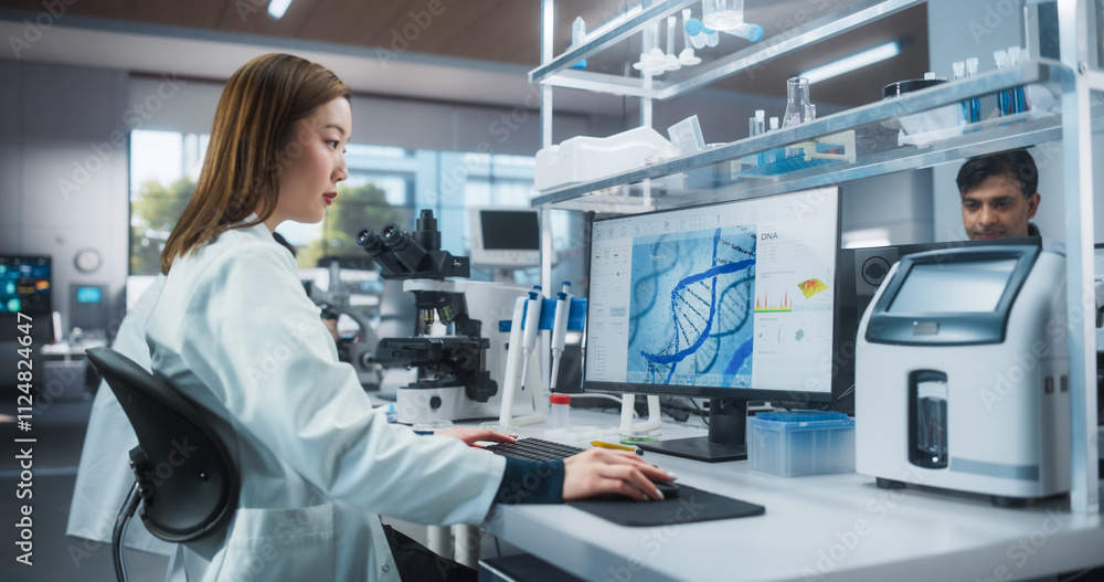 Poster asian female scientist working on a desktop computer, analyzing dna samples. specialist using a gene