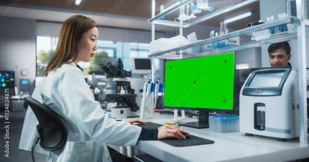 Poster Asian Female Scientist Working on a Desktop Computer with a Green Screen Chroma Key Mock Up Display. Advanced Biotechnology Lab in a Medical Research and Development Center