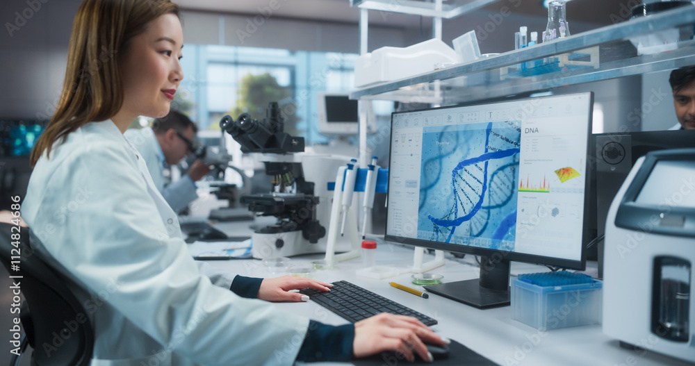 Poster medical research and development laboratory: beautiful asian female scientist working on a computer 
