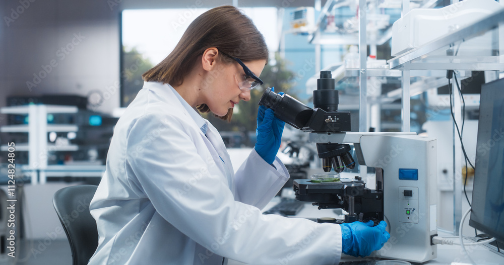 Poster medical research and development laboratory: beautiful caucasian female scientist working on a compu