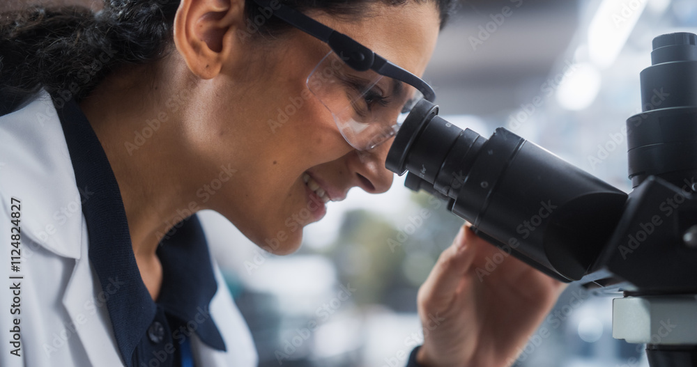 Poster portrait of a beautiful hispanic student working on a research project in university. medical resear