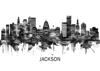 Naklejka premium Jackson Mississippi skyline BW, city landscape banner district business print painting watercolor