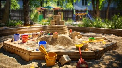A well-maintained sandbox with toys like shovels, buckets, and molds for building sandcastles.