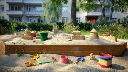 A well-maintained sandbox with toys like shovels, buckets, and molds for building sandcastles.