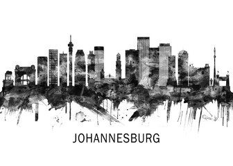 Obraz premium Johannesburg South Africa Skyline BW, city landscape banner district business print painting watercolor
