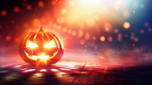 Halloween party pumpkin disco ball, jack-o-lantern with shiny rays in smoke