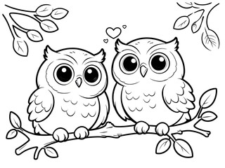 Adorable Cartoon Owls in Love on a Branch