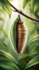 A close-up of a green and brown chrysalis hanging from a branch, surrounded by lush green leaves and water droplets. The image captures the delicate transformation process.