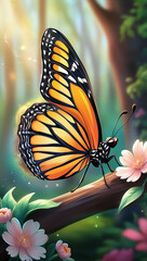 A beautiful orange and black monarch butterfly perched on a branch with pink flowers. The butterfly's wings are spread wide, showcasing its intricate patterns. 