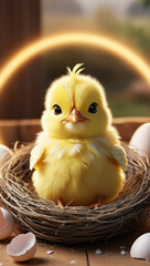 A cute yellow chick sitting in a nest surrounded by broken eggshells, with a warm, glowing background. The image captures a sense of innocence and new beginnings.