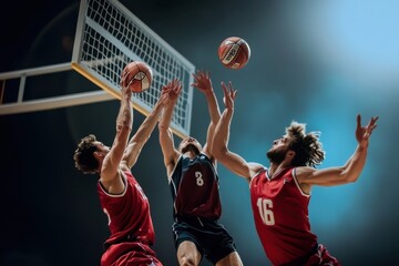 Intense basketball match featuring players battling for the rebound at a nighttime arena