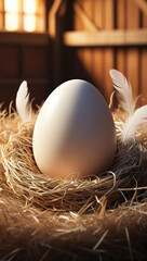 A fresh egg placed inside a woven basket in a rustic chicken coop. The image highlights simplicity, farm life, and the concept of fresh, natural produce.