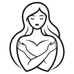 women hugging herself vector art isolated on white background. line art a women hugging herself vector icon.