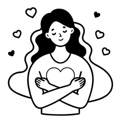 women hugging herself vector art isolated on white background. line art a women hugging herself vector icon.