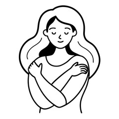 women hugging herself vector art isolated on white background. line art a women hugging herself vector icon.