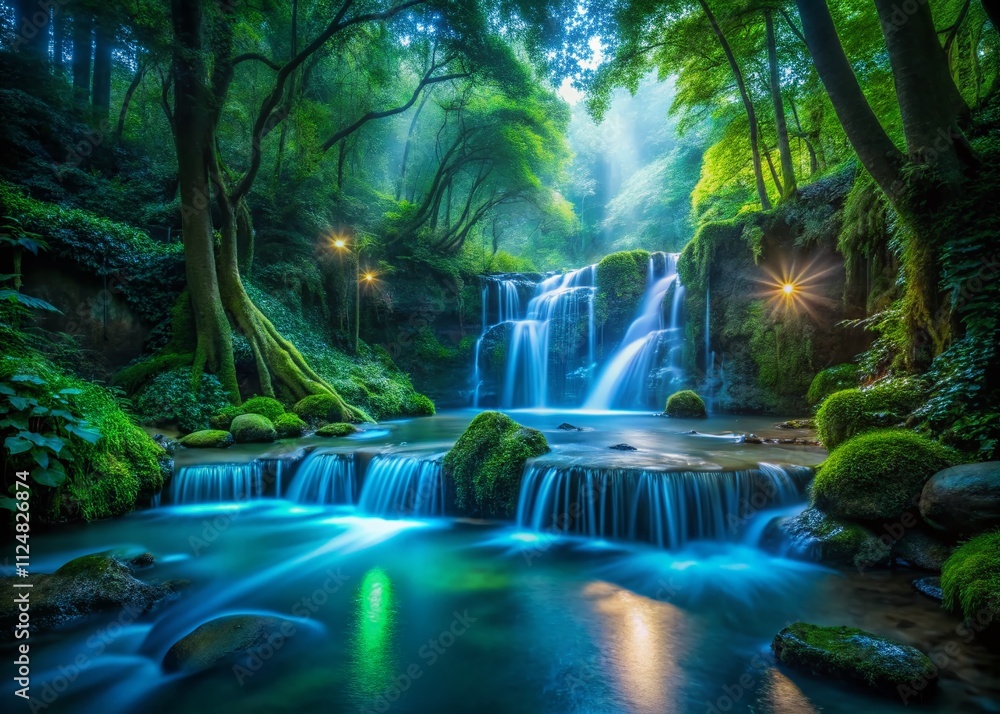Poster captivating aerial view of a bio-luminescent forest with a majestic waterfall and serene stream illu