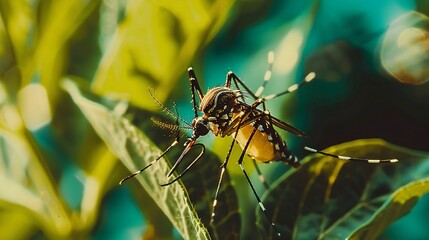 Close-up of mosquito resting on leaf in tropical forest, emphasizing its role in transmitting viruses, shallow depth of field.