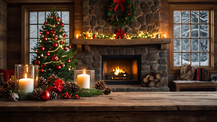 A cozy and festive Christmas scene, a wooden desk surrounded by holiday-themed elements, with fireplace full of xmas decoration and xmas tree as background