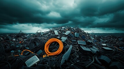 Pile of Unused Cables and Electronics in a Landfill Under Stormy Sky