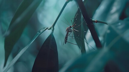 Close-up of mosquito resting on leaf in tropical forest, emphasizing its role in transmitting viruses, shallow depth of field.