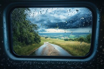 Naklejka premium Dark clouds loom over a winding road in a lush countryside landscape during a rainstorm