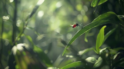 Close-up of mosquito resting on leaf in tropical forest, emphasizing its role in transmitting viruses, shallow depth of field.