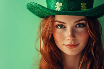 Close-up portrait of a beautiful young redhead woman wearing a leprechaun hat, celebrating saint patrick's day