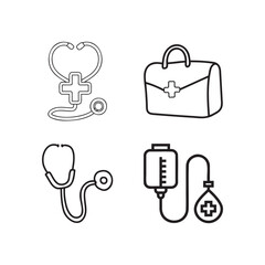 Medical Essentials Stethoscope, First Aid Kit, and IV Equipment Line Art Illustration.