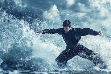 Martial artist showcases skills against crashing waves during a dramatic sunset