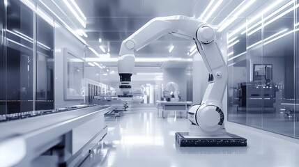 A sleek and advanced robotic arm is perfectly poised for performing precision tasks in a modern lab environment