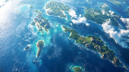 Aerial view of lush islands surrounded by vibrant blue ocean waters.