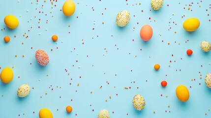 Flat lay of colorful Easter eggs and scattered sprinkles on a light blue background with space for text