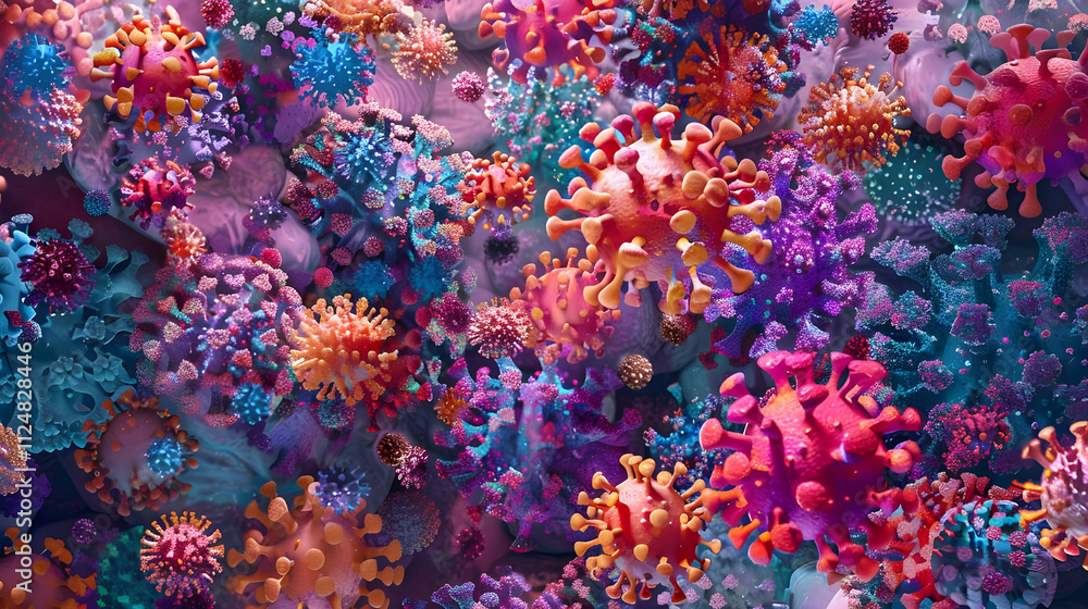 Poster microscopic view of colorful viruses and bacteria.