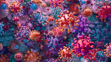 Microscopic view of colorful viruses and bacteria.