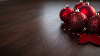 Shiny red Christmas baubles on a dark wooden floor create a festive and elegant setting, ideal for seasonal designs, decor inspiration, and holiday themes.