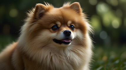 Adorable Pomeranian Dog Portrait in a Lush Green Garden Setting,  Fluffy Fur, Brown Coat, Captivating Gaze